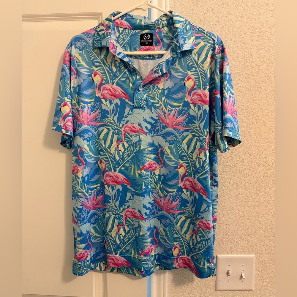 Tropical Flamingo Print Men's Golf Shirt